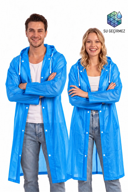 Unisex Mavi Su Rüzgar Geçirmez Yağmurluk Kapşonlu
