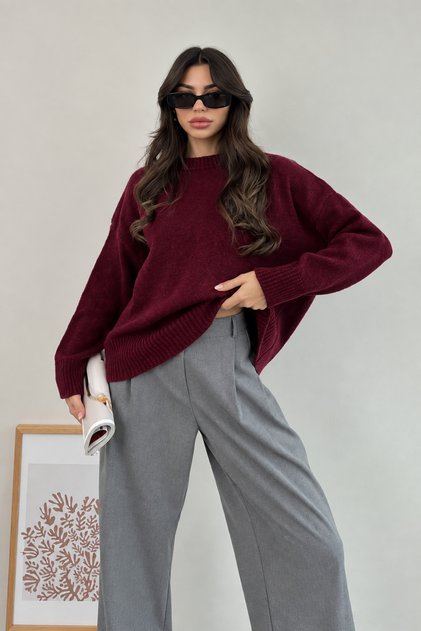 Burgundy Oversize Soft Textured Crew Neck Women's Sweater