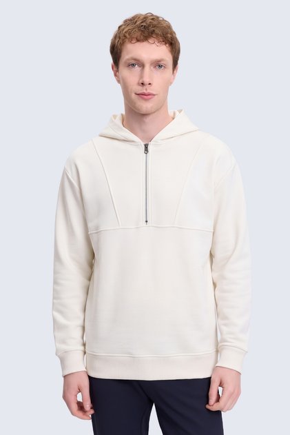 Beyaz Regular Fit Fermuarlı Kapüşonlu Sweatshirt