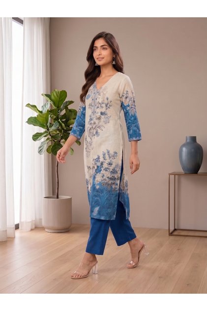 Women Ivory & Blue Floral Print 2-Piece Suit