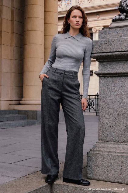 Collar Detailed Ribbed Knit Sweater - Gray