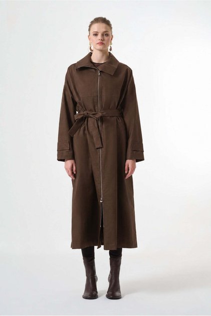 Lined Belted Zip-Front Long Coat - Brown