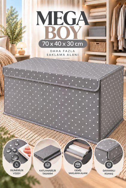 Mega Boy Kapaklı Sert Karton Gri Puantiyeli Hurç Organizer XXL 70x40x30 cm