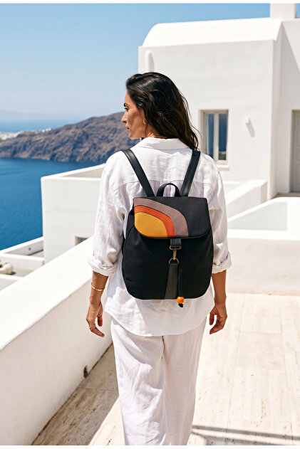 Women's Black Orange Handmade Backpack