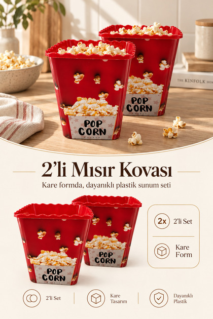 2’li Mısır Kovası Seti - Kırmızı Popcorn Kutusu Mısır Patlatma Kabı
