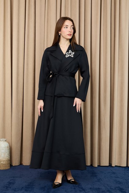 Women's Belted Jacket Set with Collar Accessories - 14389Tkm Black