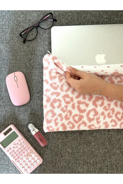 Peluş 11-13-14-15-16 Inç Leopar Pembe-kahverengi Bilgisayar Çantası, Laptop Kılıfı, Tablet Kılıfı