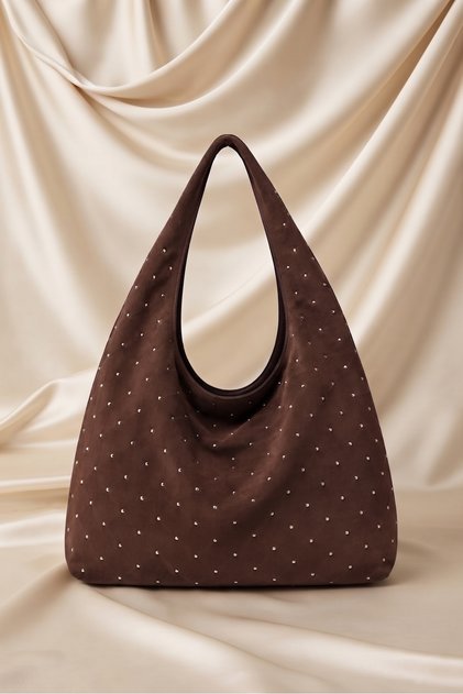 Soft Suede Studded Voluminous Hand and Shoulder Bag Brown