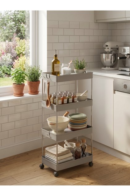 4-Tier Rolling Storage Trolley Cart with Hooks & Wheels Steel Pipes, PP Trays for Kitchen & Bathroom