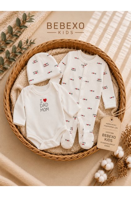 Unisex I Love Family & I Love Dad Mom Bebek Tulum Zıbın Şapka Seti %100 Pamuk (0-3/3-6 Ay)
