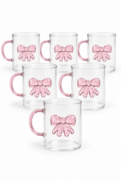 6’lı 240 ml Pembe Fiyonk Kurdele Detaylı Cam Kupa Seti – Çay Kahve Bardağı