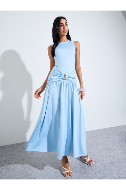 Light Blue Ruched Buckle-Detail A-Line Maxi Dress