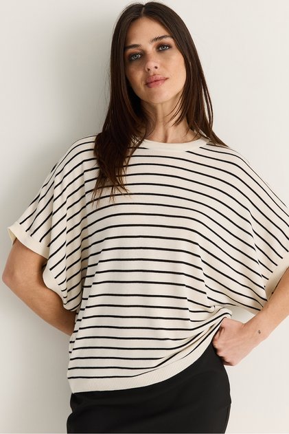 Women's Cream-Black Crew Neck Batwing Sleeve Striped Oversize Mercerized Knitwear Blouse Tk261118 60286517
