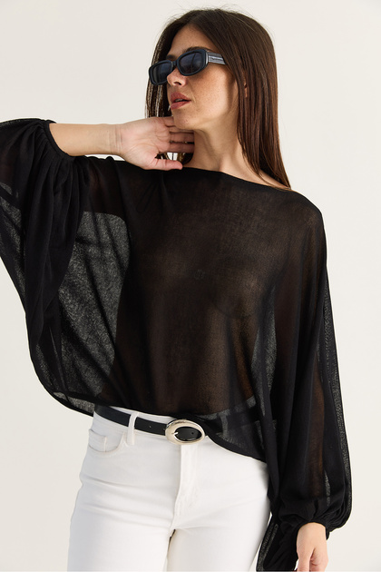 Women's Black Balloon Bat Sleeve Mercerized Knitwear Blouse 2834 60286468