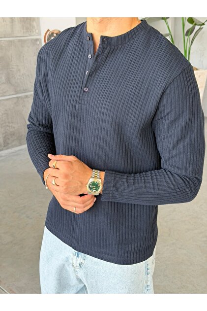 Henley Collar Ribbed Sweatshirt m Navy Blue