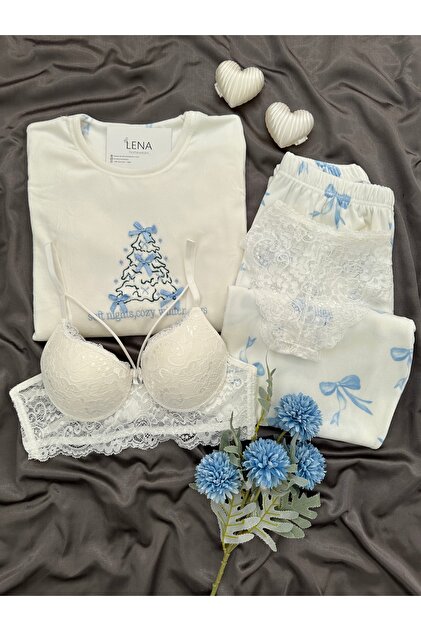 Ecru Ribbon Patterned 4-Piece Bra and Long Sleeve Imported Premium French Velvet Pajama Set