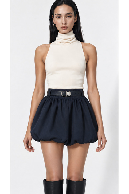Navy Blue Balloon Skirt with Belt Detail