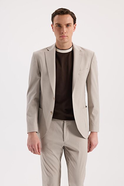 Beige Slim Fit Mono Collar Flexible Sports Jacket