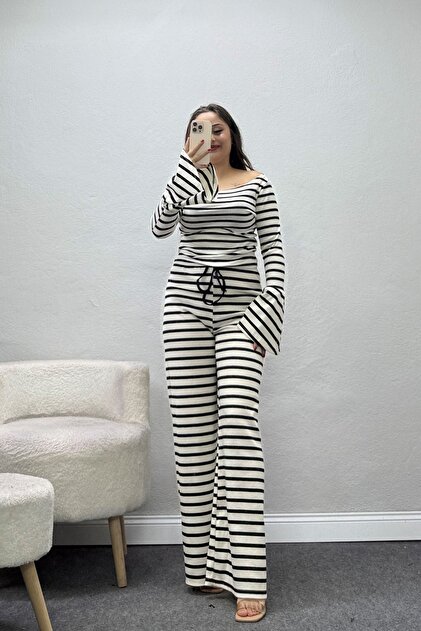 Women's Spanish Sleeve Striped Camisole Double Set Ecrublack