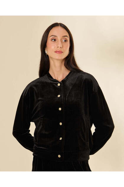 Women Black Plain Velour Button Front Top