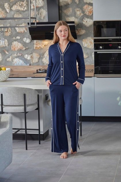 Uzun Kol Önden Düğmeli Biye Detay Pijama Takımı CossybyAqua 27110-44 - LACİVERT