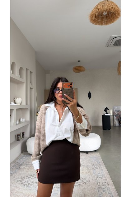 Brown Classic Fabric Mini Skirt