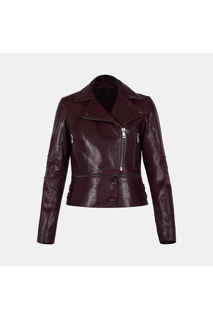 Kadın Bordo Gömlek Yakalı Çift Boy Kullanımlı Biker Deri Ceket