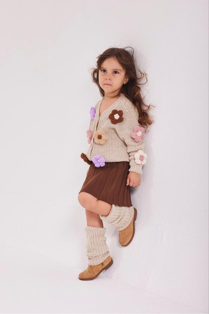 Girl's Floral Detailed Knitwear Cardigan Skirt Leggings 3-Piece Set