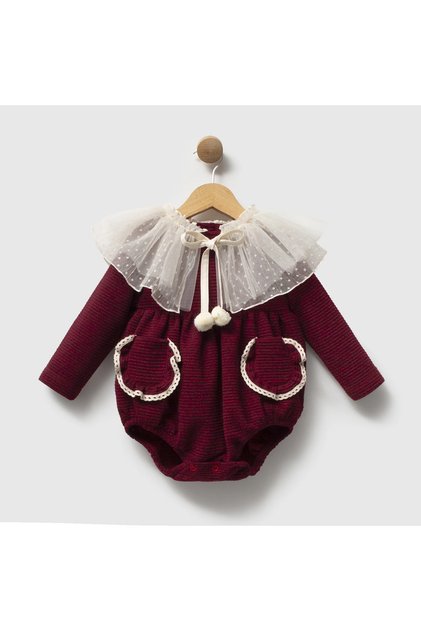Baby Girl Burgundy Vintage Balloon Jumpsuit – Tulle Collar, Pompom Detail, Long Sleeves, Special Occasion and Christmas Combination, 9-24 Months