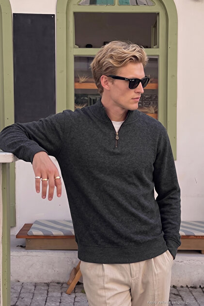 Cotton Ribbed Textured Half-Zipper Stand Collar Sweater Men's Sweater 5905858