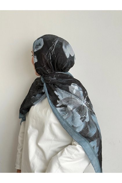 Lotus Çiçeği Desen Kraş Şal - Turkuaz