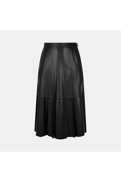 Women's Black Pleated Midi Leather Skirt with Stitching Detail