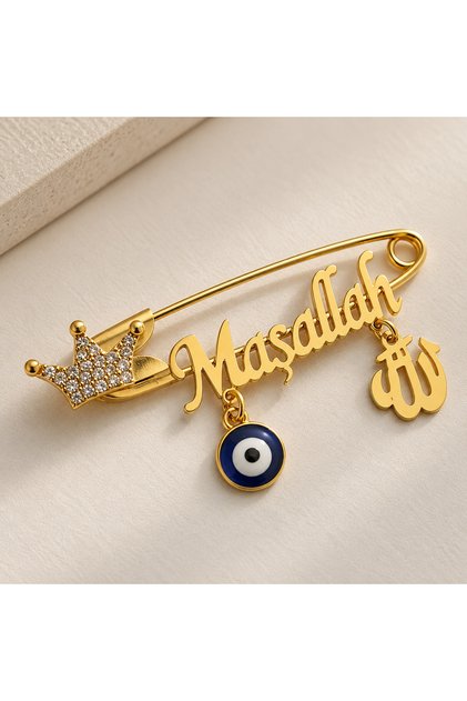 22 Ayar Birebir Altın Kaplama Çengelli Bebek İğnesi Taşlı Taç Motifli Nazar Boncuklu Maşallah (Kararmaz)