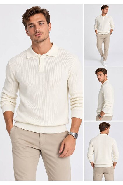 Polo Yaka Düğmeli Slim Fit Çizgili Triko Kazak