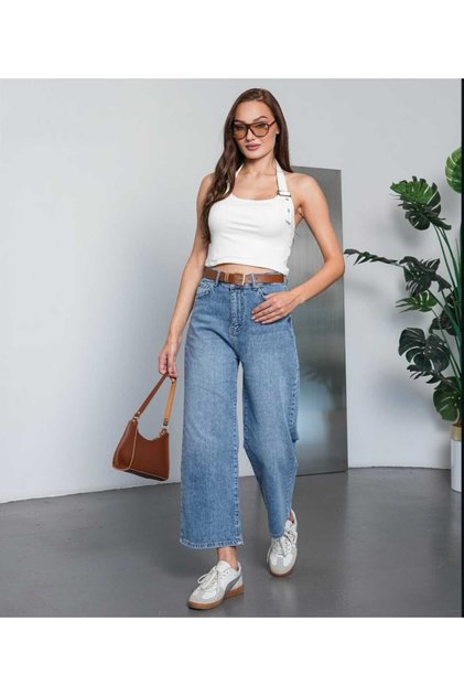 Women's High Waist Belted Ankle Length Loose Wide Leg Jeans