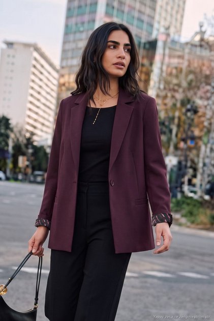 Standard Fit Mono Collar Patterned Lining Detailed Blazer Jacket Women's Jacket 6524003