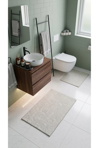 Revna White Washable 2-Piece Bath Mat Set (60X100-50X60 cm) | Non-Slip Base Modern Bath Mat