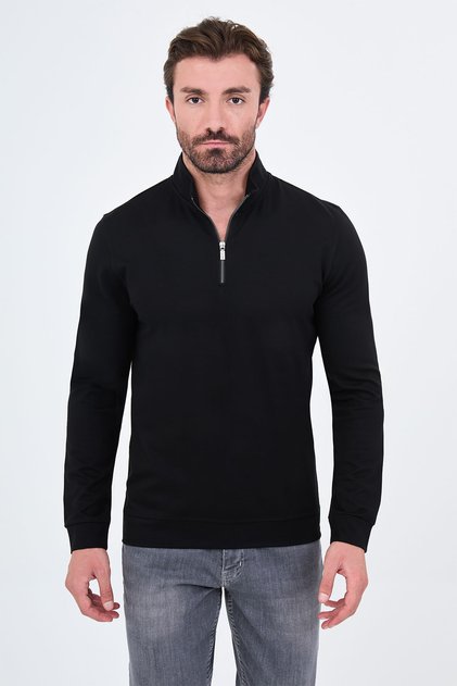 Textured Slim Fit Stand Collar Zippered Long Sleeve Men's T-Shirt Black - 36901.26K