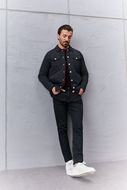 Düz Slim Fit Gömlek Yaka Çıtçıtlı Erkek Mont Lacivert - 39687.26K