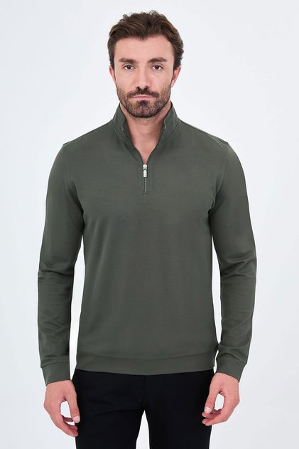 Textured Slim Fit Stand Collar Zippered Long Sleeve Men's T-Shirt Khaki - 36901.26K