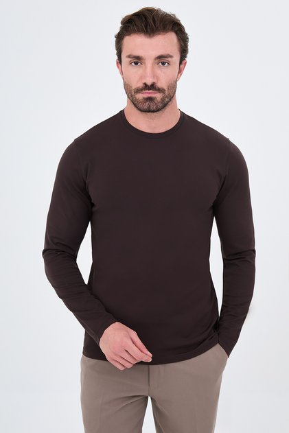 Straight Slim Fit High Crew Neck Cotton Long Sleeve Men's T-Shirt Coffee - 36900.26K