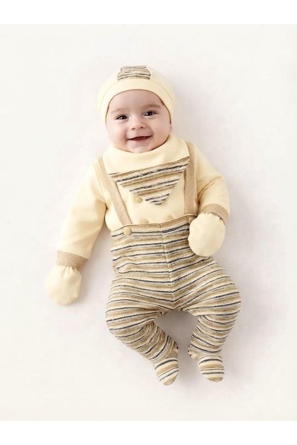 Minizyn 7077 Beige Striped Straps Newborn Hospital Release 5-Piece Bodysuit Set'0-3 Months'