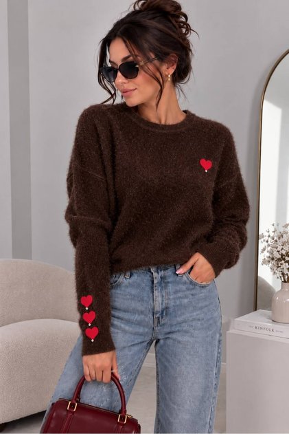 Women's Heart and Stone Detailed Short Bearded Knitwear Sweater