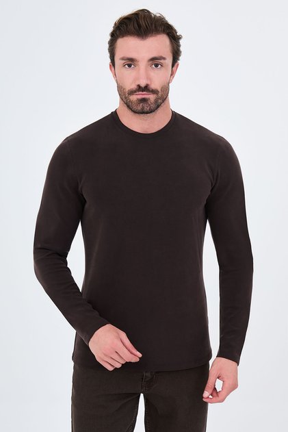 Straight Slim Fit Crew Neck Bi-Stretch Interlock Long Sleeve Men's T-Shirt Brown - 36903.26K
