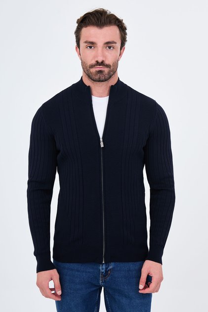 Striped Slim Fit Cashmere Zippered Side Pockets Stand Collar Men's Knitwear Cardigan Navy Blue - 11250.26K