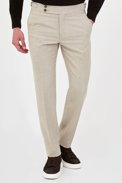 Textured Slim Fit Italian Style Belted Wool Men's Trousers Stone - 38329.25K
