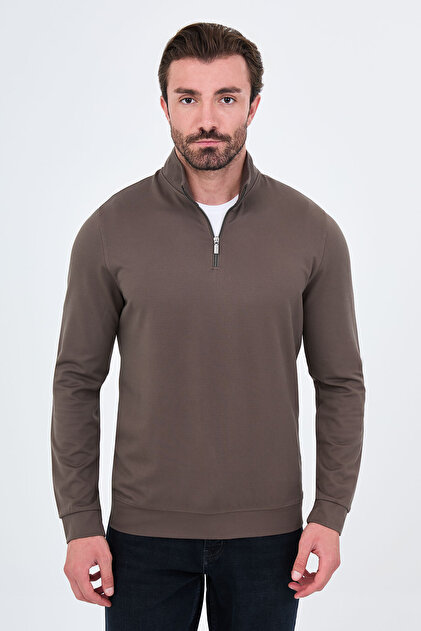 Textured Slim Fit Stand Collar Zippered Long Sleeve Men's T-Shirt Mink - 36901.26K