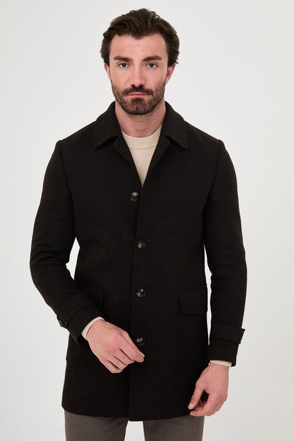 Textured Slim Fit Shirt Collar Buttoned Pocketed Wool Men's Coat Brown - 21343.26K