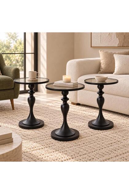 Modern Black Service Table Set with Mirrored Top |