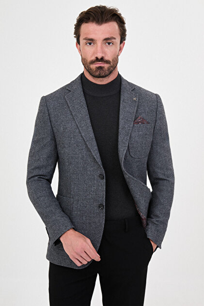 Dokulu Slim Fit Mono Yaka Torba Cep Premium Yün Karışımlı Erkek Ceket Antrasit - 44326.26K